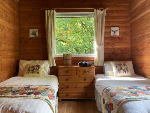 ダヌーンにあるStravaigin Lodgeのログキャビン ベッド2台 窓付