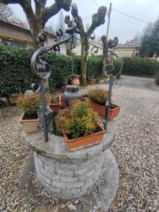 a fountain with potted plants on top of a stone wall at CASA LA FALEGNAMERIA in Bivigliano