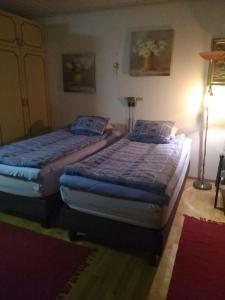 波里的住宿－Koti Kiviniemi，带灯的客房内的两张单人床
