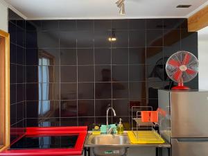 una cocina con fregadero y una pared de azulejos negros en French Andes Apart Hostel, en Pucón