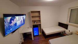 een kamer met een flatscreen-tv aan een muur bij Ferienwohnungen Im Grund 22, 22a, 22c, 22d Birkenstein in Hoppegarten