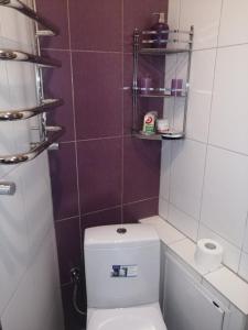 a white toilet in a bathroom with purple tiles at 2х кімнатна квартира у Львові поряд з залізничним вокзалом in Lviv
