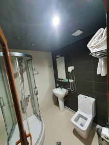 a bathroom with a toilet and a shower and a sink at Apartment 607 in ORBI PALACE in Bakuriani