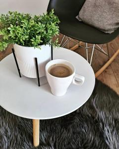 a cup of coffee on a table with a potted plant at Domki w Bieszczadach - Apartamenty in Hoczew