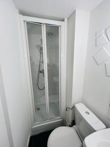 bagno bianco con doccia e servizi igienici di Studio Centre Historique Toulouse Saint Etienne, Carmes a Tolosa
