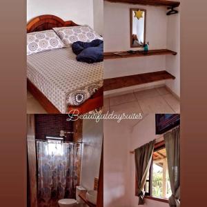 un collage de tres fotos de un dormitorio en Beautiful day suítes en Ilhabela