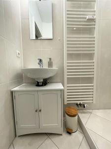 a white bathroom with a sink and a shower at UrbanSuites - Dein Zuhause in Wiesbaden in Wiesbaden