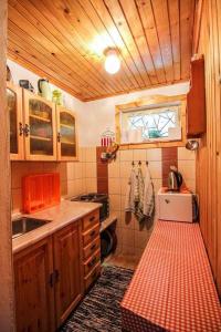 a small kitchen with wooden cabinets and a sink at Chata Lenka in Štrba
