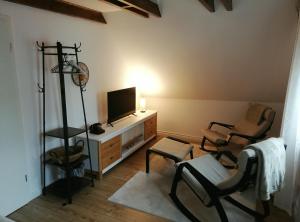 een woonkamer met 2 stoelen en een televisie bij Ferienwohnung Schleeff in Elsfleth