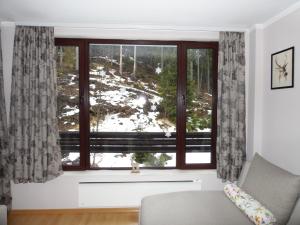 ein Wohnzimmer mit einem Fenster mit Winterblick in der Unterkunft Deer's Home at Elit Pamporovo in Pamporowo