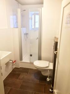 a bathroom with a toilet and a shower at Haus Leipheim in Leipheim
