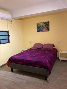 1 dormitorio con 1 cama de color púrpura en una habitación en VILLA TIBOU en Petit-Bourg