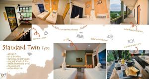 een collage van foto's van een hotelkamer met een vrouw op een bed bij The Cozy Hotel in Loei
