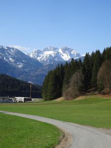 a road in a field with mountains in the background at Fritz Apartments "Haus Bergblick" in Hermagor