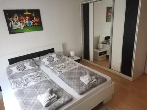 - une chambre avec 2 lits et un grand miroir dans l'établissement Apartman Hill, à Sarajevo