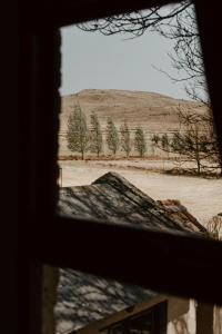 a view from a window of a field with trees at African Leaves Trout Lodge in Dullstroom