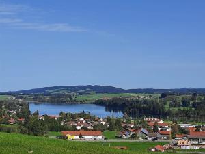 a view of a town and a lake at Ferienwohnung in Lechbruck am See im schönen Allgäu, nahe Füssen nur 300 m vom See in Lechbruck