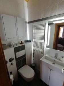 a bathroom with a toilet and a sink and a mirror at Ferienwohnung in Lechbruck am See im schönen Allgäu, nahe Füssen nur 300 m vom See in Lechbruck