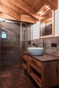 uma casa de banho com um lavatório e um chuveiro em Bergkristall em Gosau