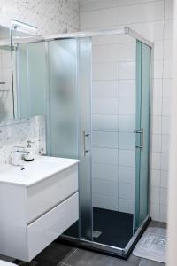 a glass shower in a bathroom with a sink at Apartmani Park Maksimir-Rebro in Zagreb