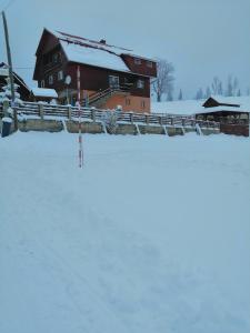 un granero cubierto de nieve frente a un campo en Cabana Ghetari en Gheţari