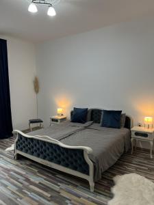 1 dormitorio con 1 cama grande y 2 mesas en Center Retro Apartment en Niš