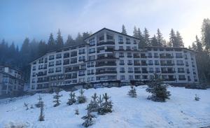 a large apartment building in the snow with christmas trees at Dobi's Apartment Elit47 at Elit Pamporovo in Pamporovo