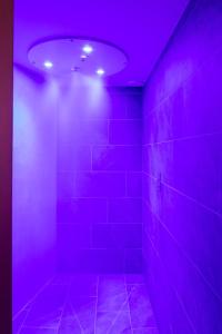 サン・ブリューにあるEdgar Hôtel & Spa - Table Gastronomiqueの紫色の照明とタイル張りの壁が特徴のバスルーム