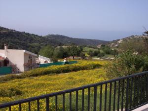 a view of a field of flowers with a fence at Bungalow with 2 double bedrooms in the hills . in Akoursos