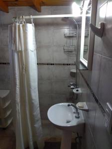 Un baño con lavabo y cortina de ducha. en Cabaña Tío Miguel, en Los Molles