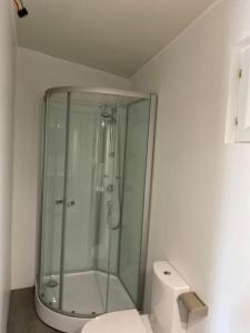 een glazen douche in een badkamer met een toilet bij Jm Vacances Serignan Studio in Sérignan