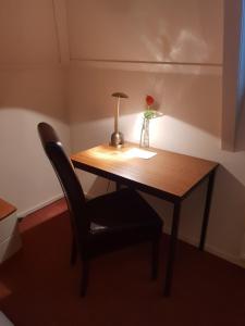 een tafel met een lamp en een vaas met een bloem erop bij Boetiek Hotel Marum in Marum