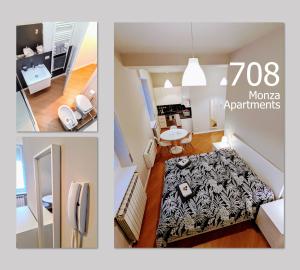 a collage of photos of a room at Monza Apartments in Monza