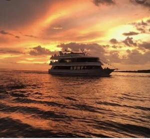 a yacht on the water with a sunset in the background at Naples Dream at WTC with Heated Pool SPA Sauna 7 bicycles and 3 mls to beach in Naples