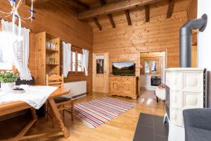 ein Wohnzimmer mit Holzwänden und einem Kamin in der Unterkunft Alpen-Chalets Achensee in Maurach