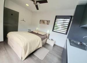 ein Schlafzimmer mit einem Bett und einem Waschbecken darin in der Unterkunft VILLA CAP détente et SPA in Saint-Louis