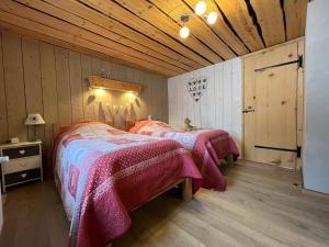 two beds in a room with wooden walls at La remise du Murgé in Saulxures-sur-Moselotte