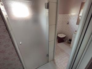 La salle de bains est pourvue d'une douche et de toilettes. dans l'établissement Hospedagem Don Panizzi, à Bento Gonçalves