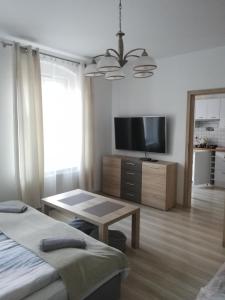 a living room with a tv and a bed and a table at Stara Kamienica Centrum in Mrągowo