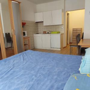 a bedroom with a blue bed and a kitchen at Gare-20-1 in Lausanne