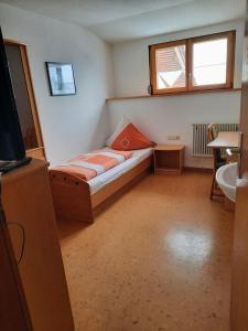 a small bedroom with a bed and a television at Ferienwohnung Schwäbische Alb in Justingen