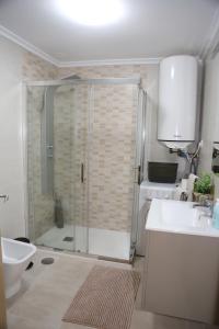 a bathroom with a shower and a toilet and a sink at Casa Vazquez Sanxenxo La Lanzada in O Grove