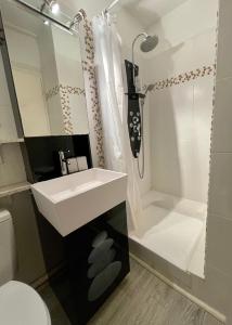W łazience znajduje się umywalka i prysznic. w obiekcie T1bis dans les dunes du Cap Ferret w mieście Cap-Ferret