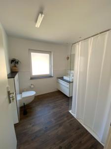 a bathroom with a shower and a sink and a toilet at Gästehaus Roggenhorst - aufwändig saniertes Haus, 200 qm Wohnfläche, 3 Bäder in Lübeck +45 photos