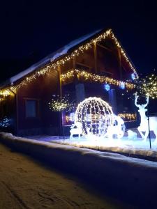 una casa cubierta de luces de Navidad y una esfera en Світанкове Сяйво en Yaremcha