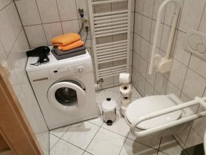 a bathroom with a washing machine and a toilet at Susis Ferienwohnung in Lahnau