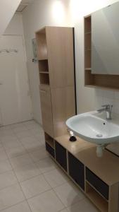 a bathroom with a white sink and a shower at Jolie maison proche Mont St michel et Saint Malo in Le Vivier-sur-Mer