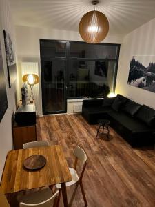 sala de estar con sofá negro y mesa en Ubytování Zadov - Apartmán Prenet en Stachy