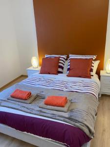 a large bed with two pillows on top of it at Grand F3 de 71m2 en plein centre ville Arpajon in Arpajon