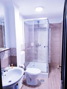 a bathroom with a shower and a toilet and a sink at Pensiunea Aida in Gura Humorului